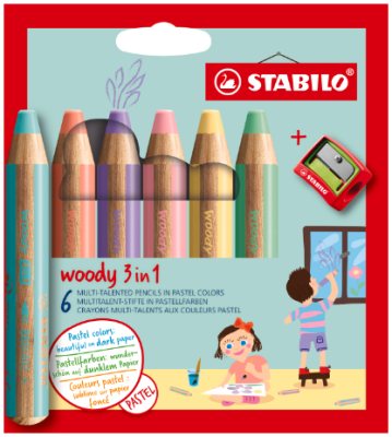 6 Woody 3-In-1 Pastel Pencilswith Sharpener